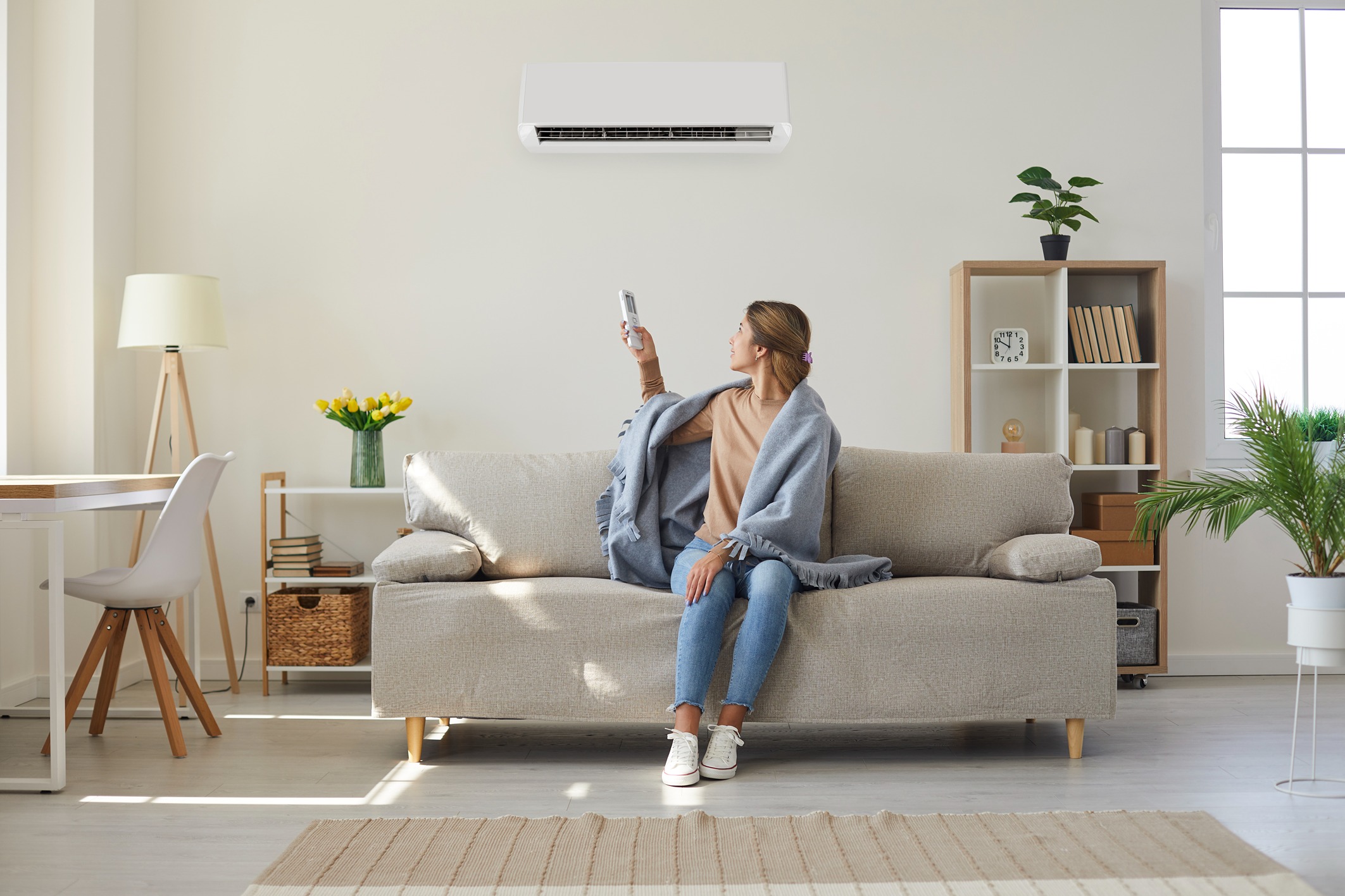 A woman rests on the couch with a heat pump providing her a comfortable air temperature.